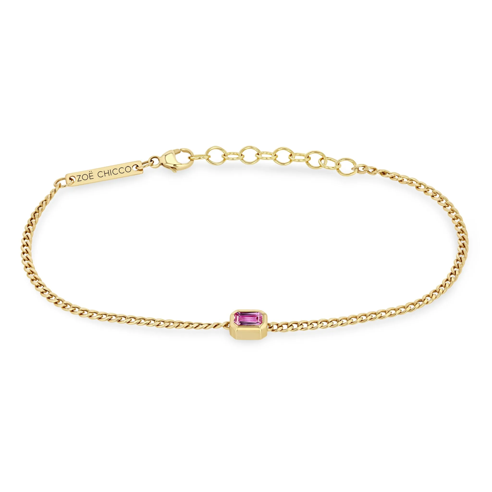 14k Emerald Cut Pink Sapphire XS Curb Chain Bracelet