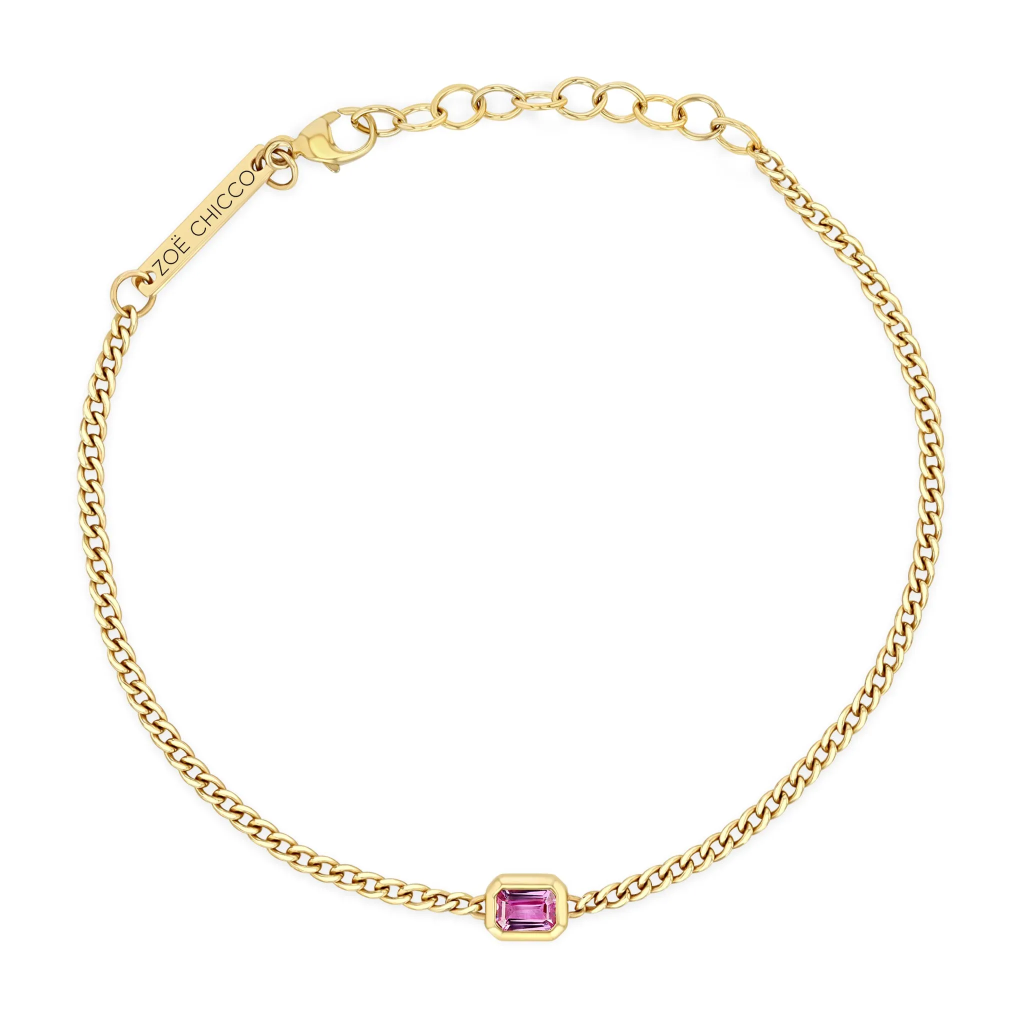 14k Emerald Cut Pink Sapphire XS Curb Chain Bracelet