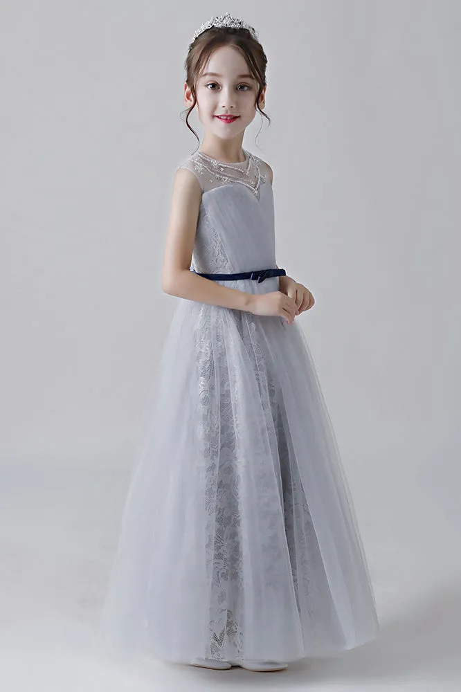 A-Line Grey Sleeveless Tulle Flower Girl Dress With Beading