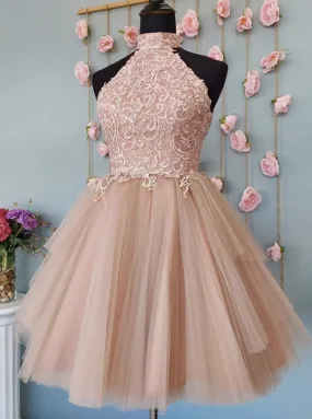 A Line Halter Tulle Lace Short Homecoming Dress