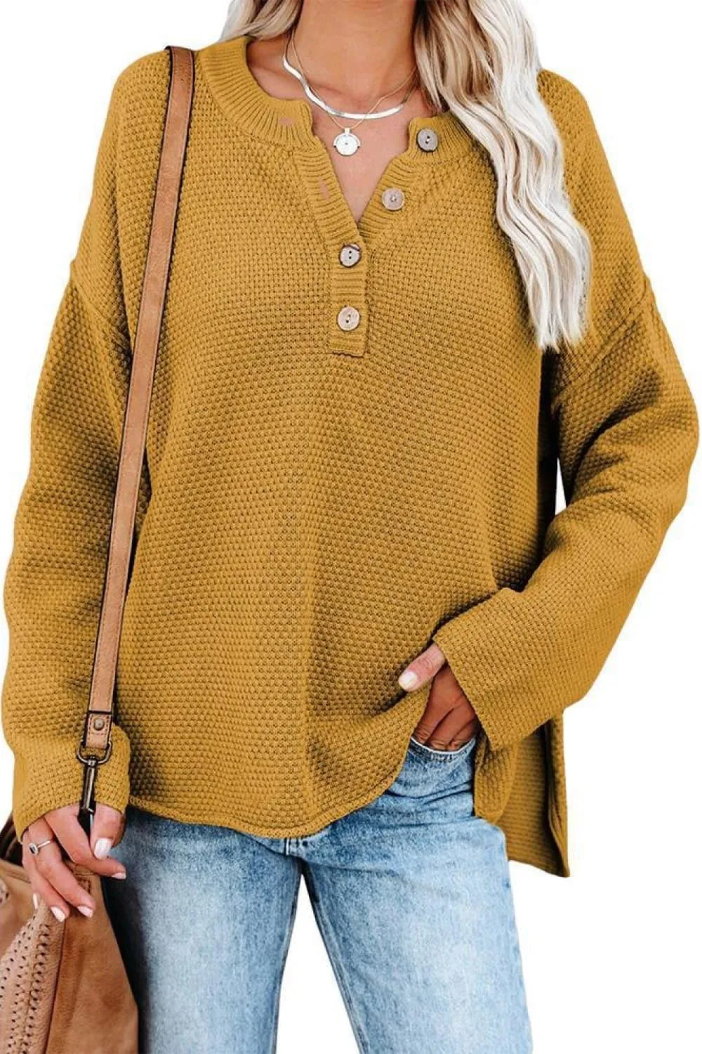 Andrea Buttoned Drop Shoulder Slit Sweater