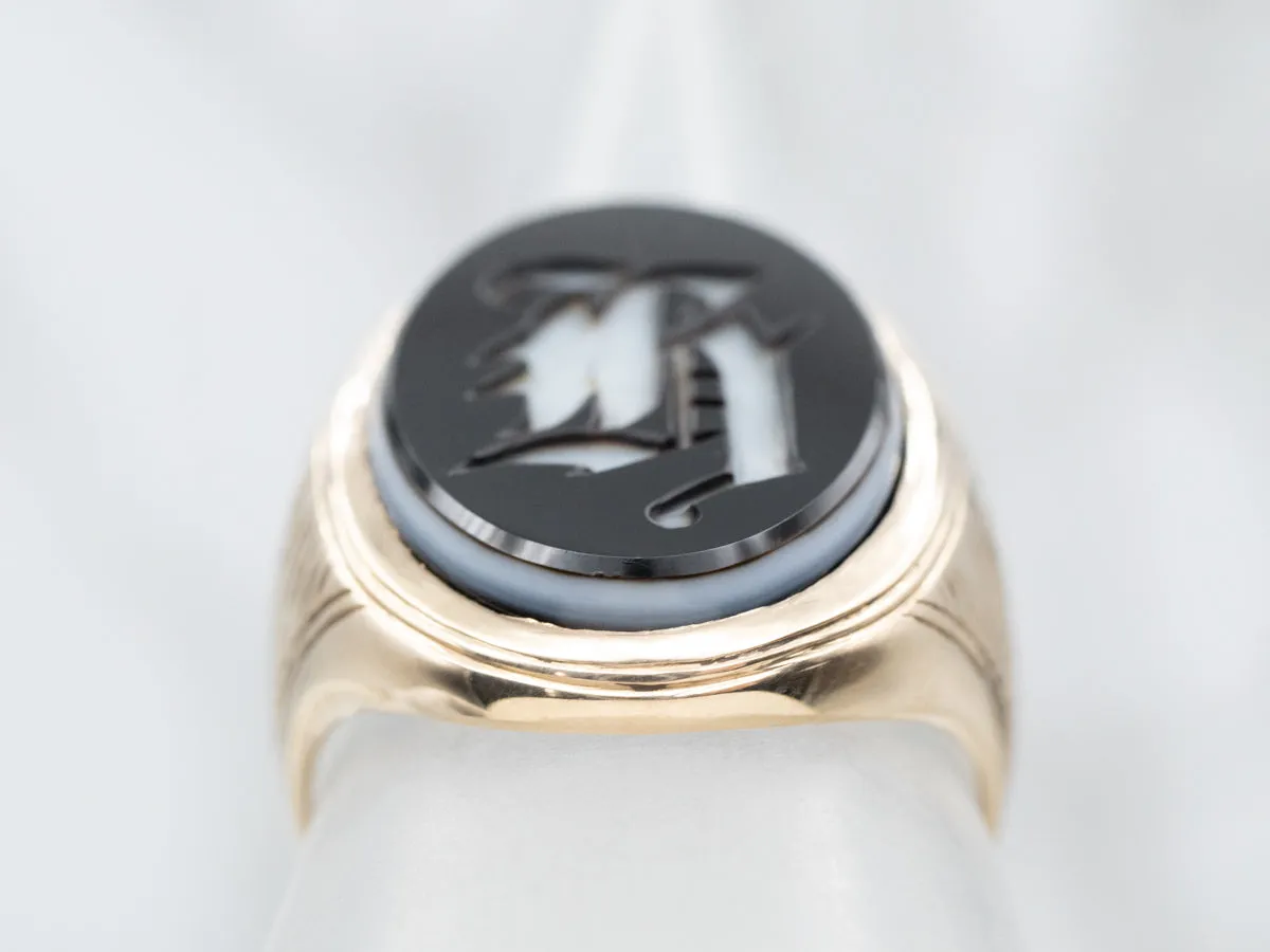 Antique Old English 'H' Monogram Onyx Signet Ring