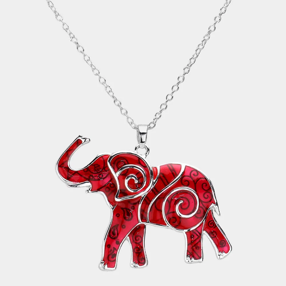 Antique Silver Red Enamel Embossed Metal Elephant Pendant Necklace