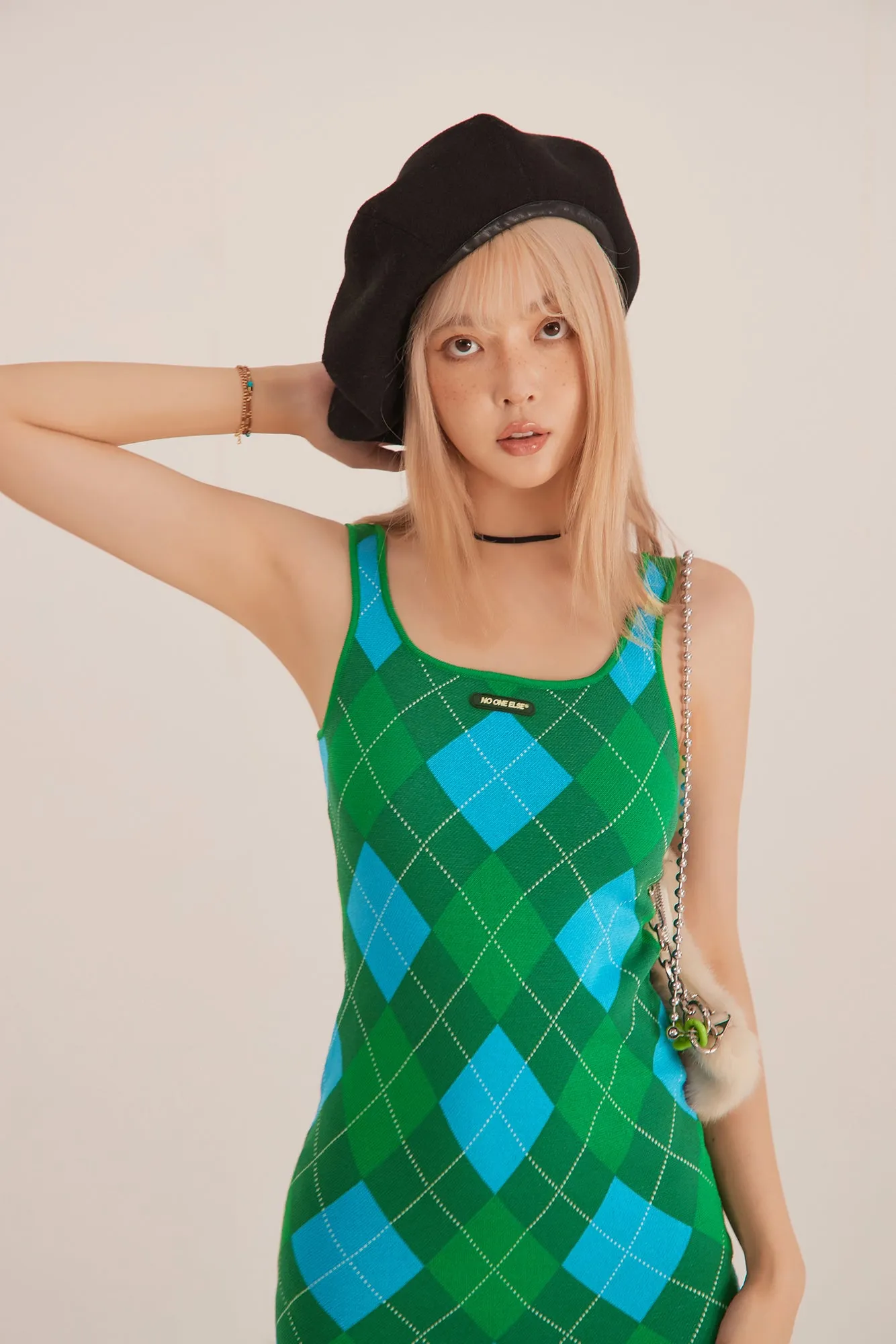 Argyle Knitwear Sleeveless Mini Dress