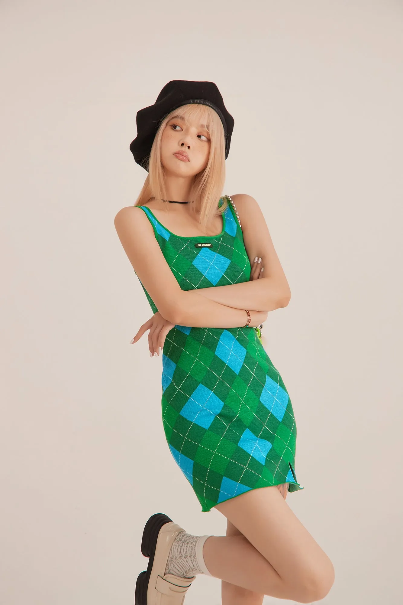 Argyle Knitwear Sleeveless Mini Dress