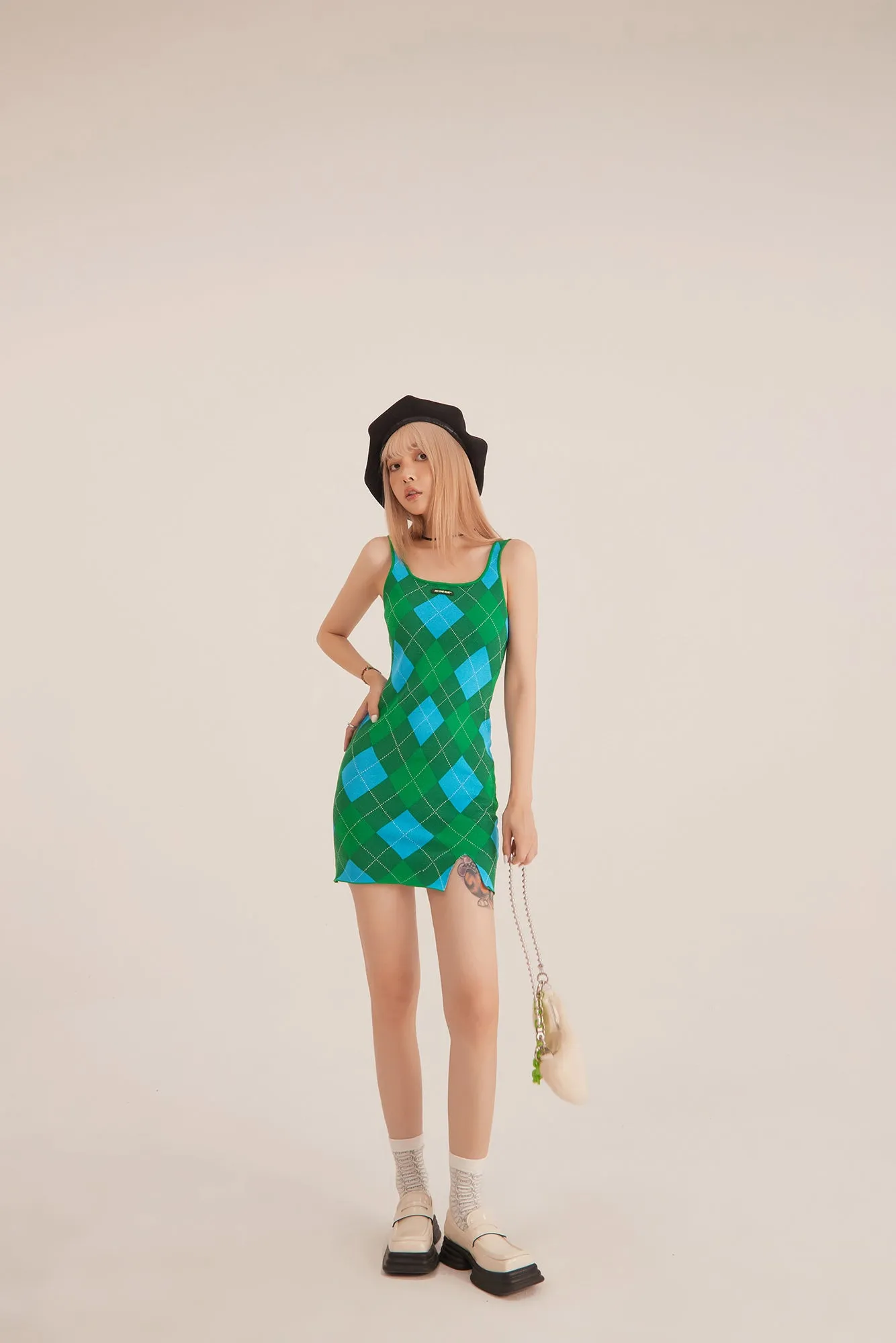 Argyle Knitwear Sleeveless Mini Dress