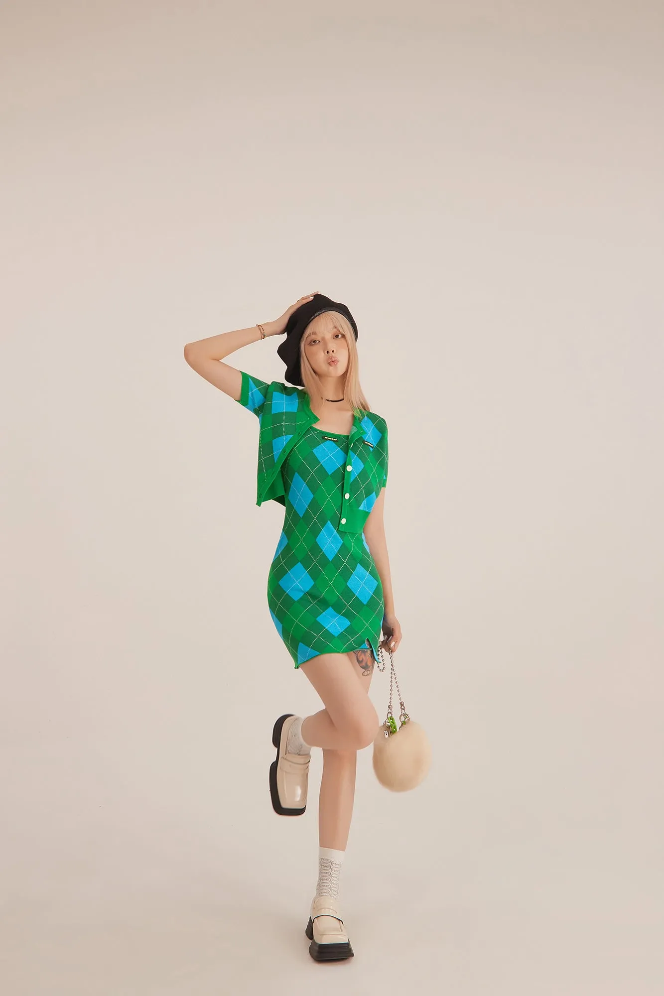 Argyle Knitwear Sleeveless Mini Dress