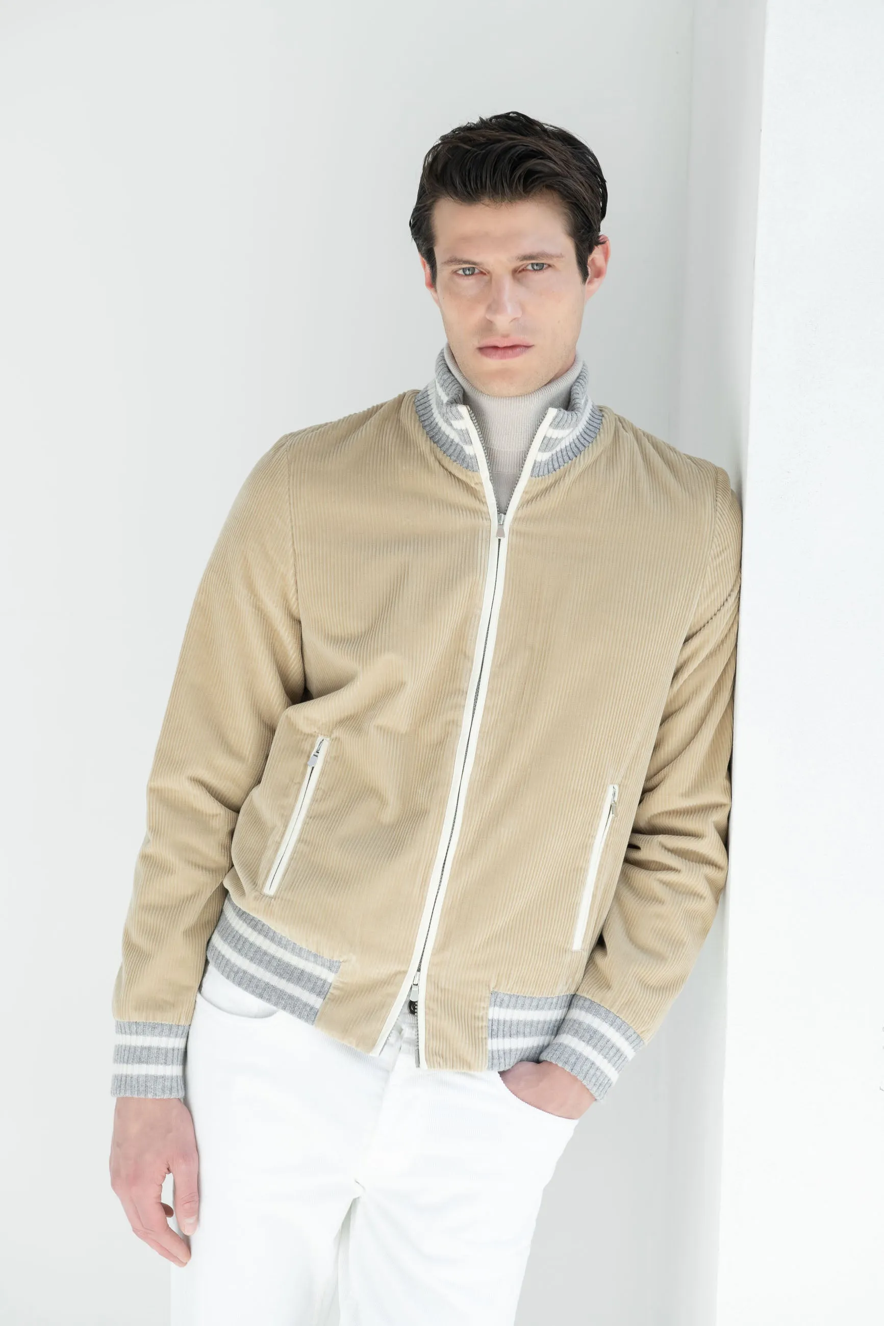 Beige corduroy college bomber - Made in Italy