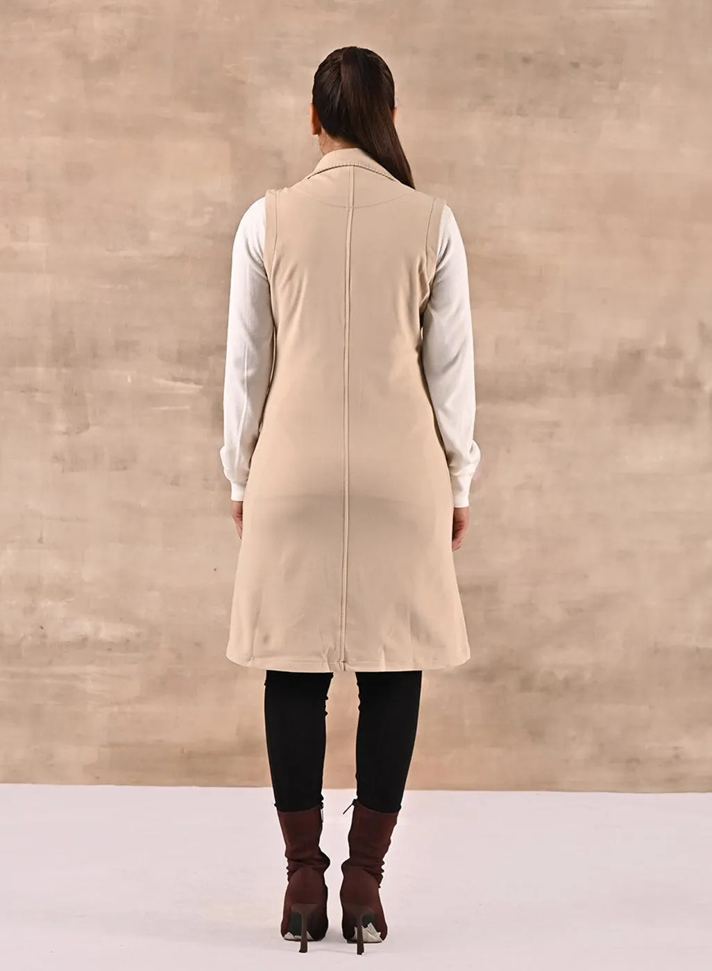 Beige Sleeveless Trench Coat with Notch Collar