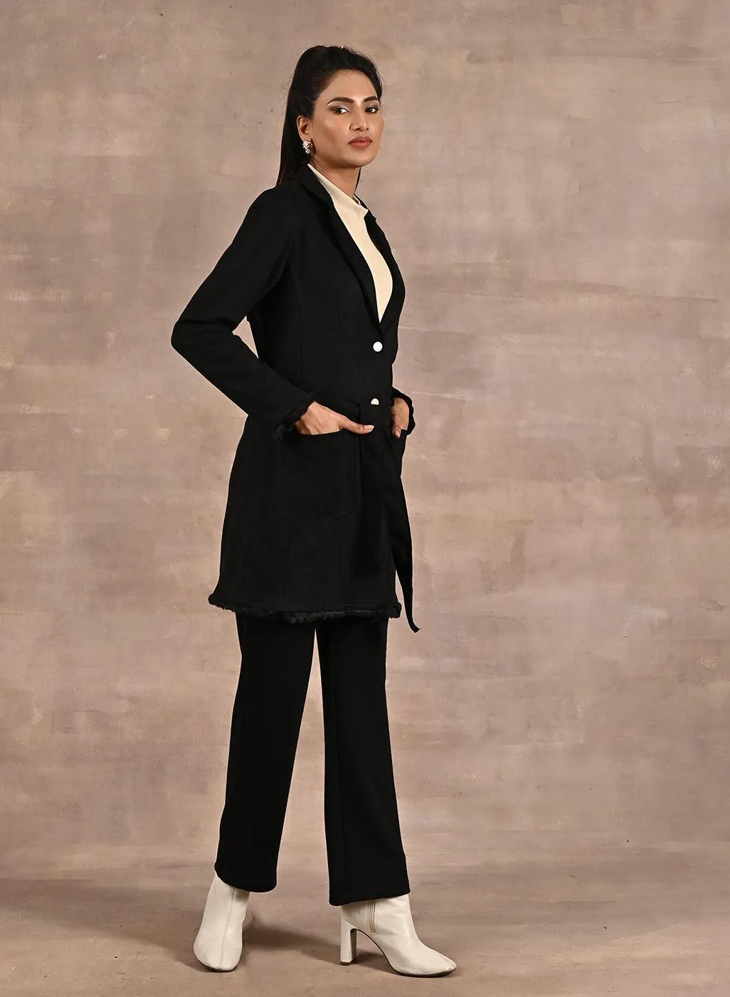 Black Long Belted Trench Coat with Fur Detailing