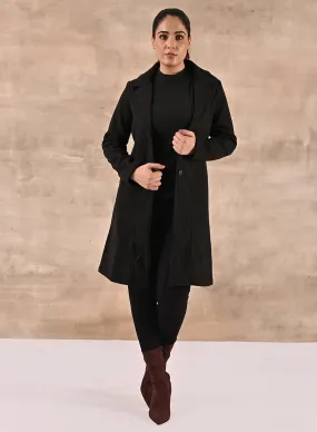 Black Long Trench Coat with Paneled Font and Button Detail