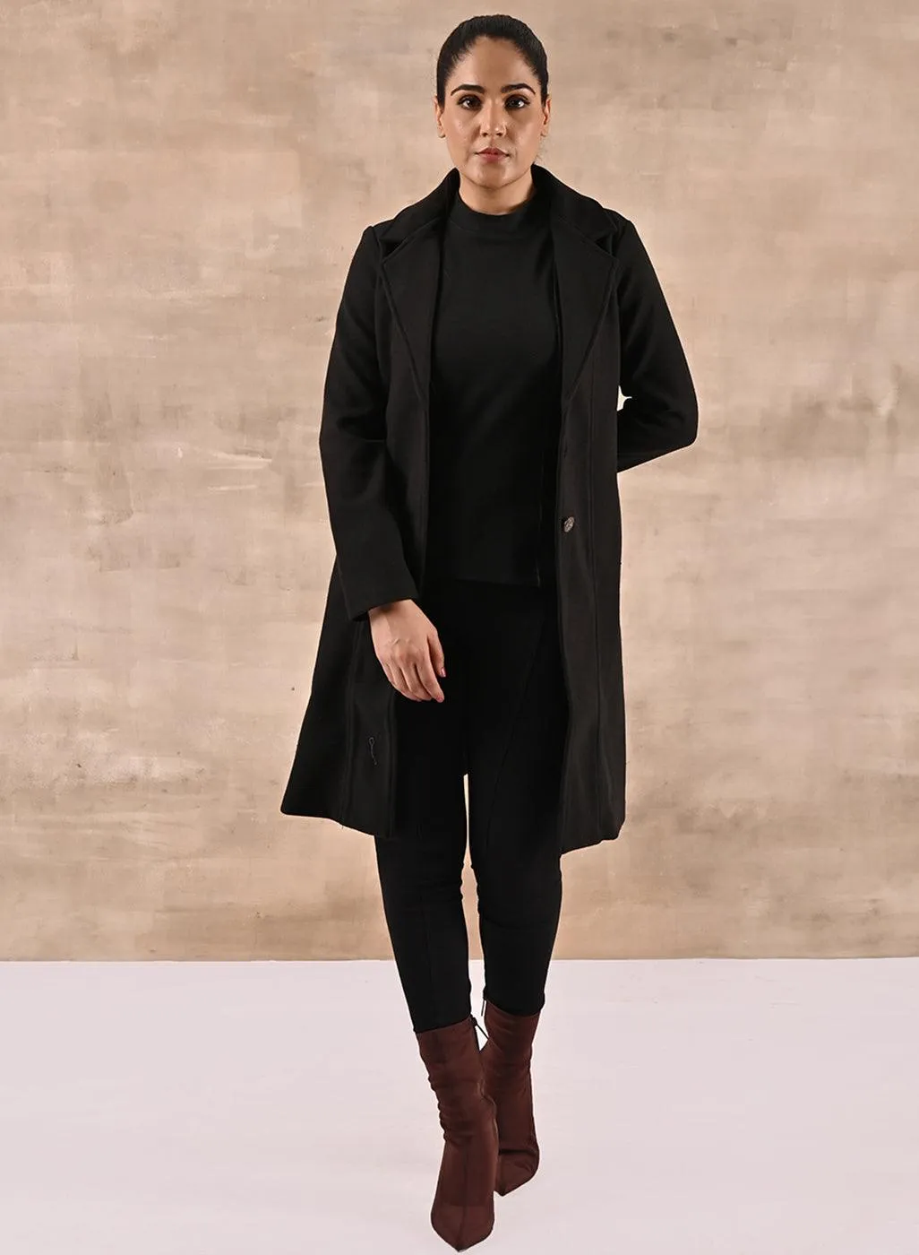 Black Long Trench Coat with Paneled Font and Button Detail