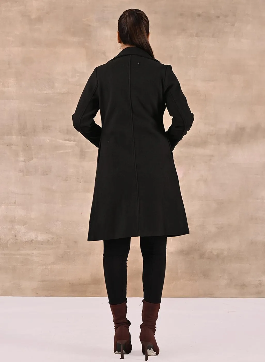 Black Long Trench Coat with Paneled Font and Button Detail