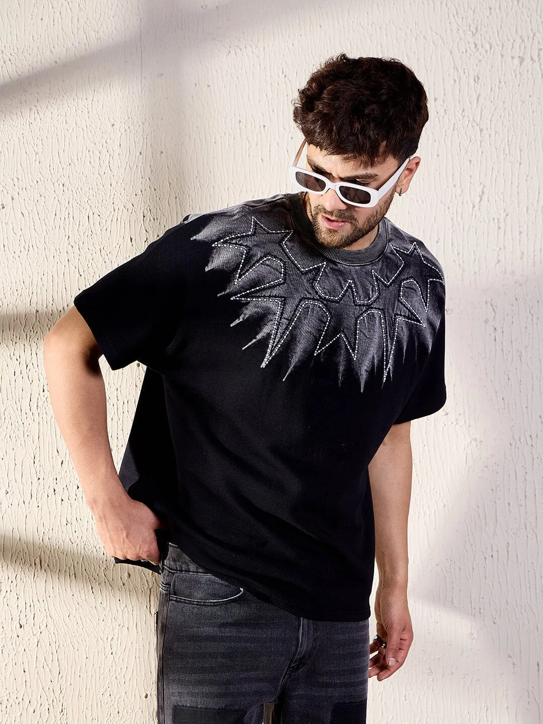 Black Ombre Star Embroidery Oversized Tshirt