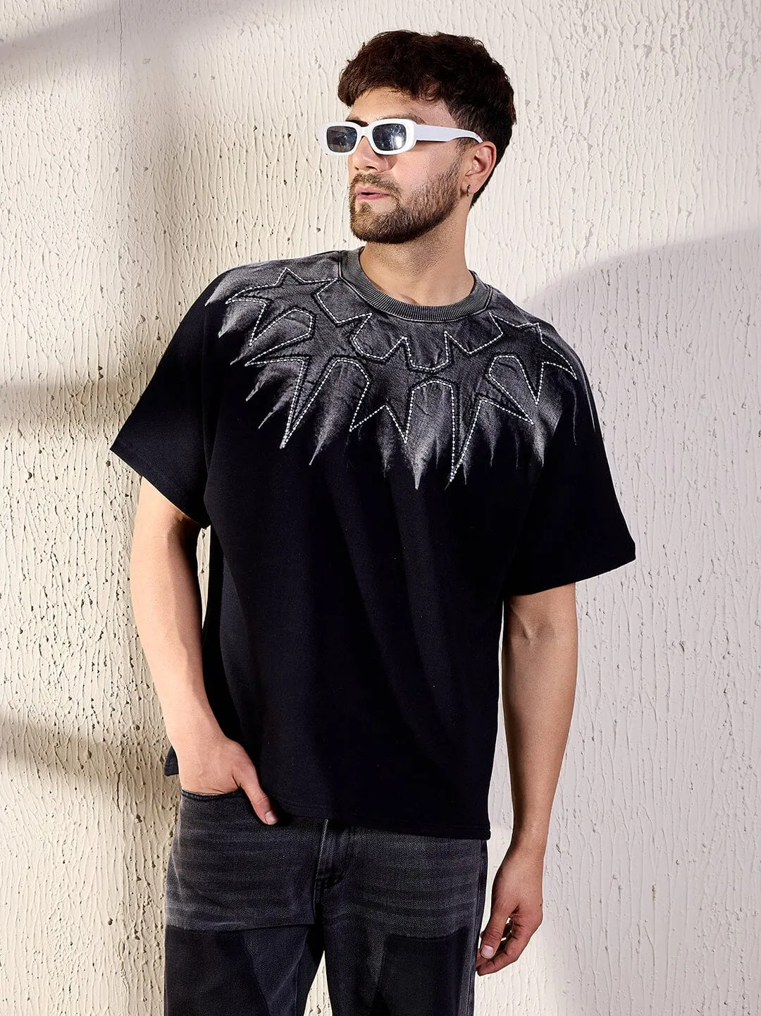 Black Ombre Star Embroidery Oversized Tshirt