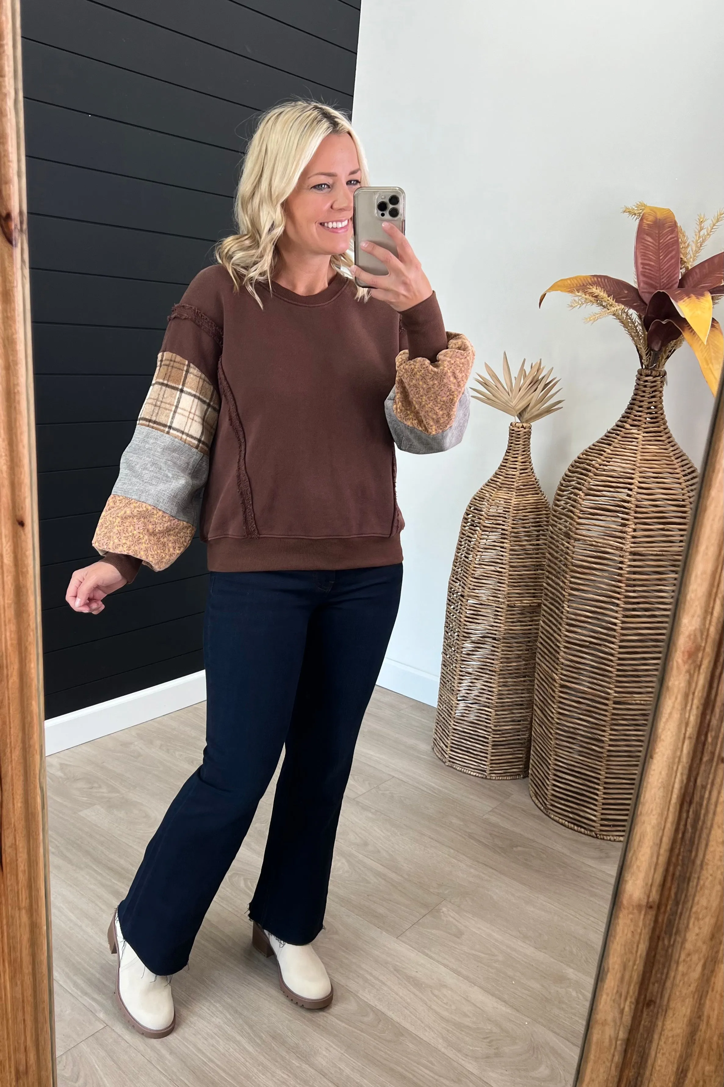 Brown Vintage Patch Sleeve Terry Pullover