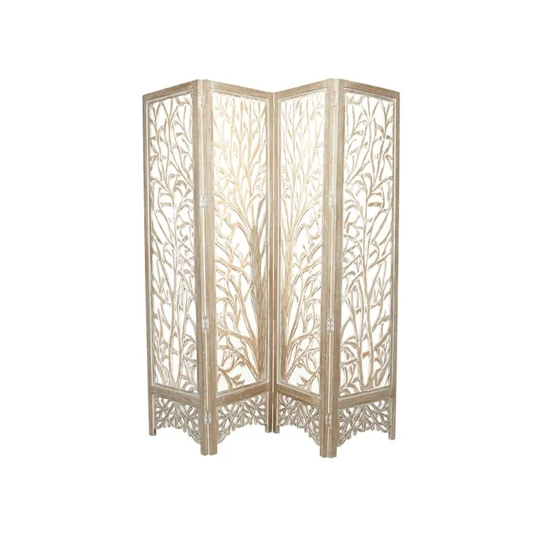 BROWN WOOD TREE HINGED FOLDABLE PARTITION 4 PANEL ROOM DIVIDER SCREEN WITH INTRICATELY CARVED DESIGNS