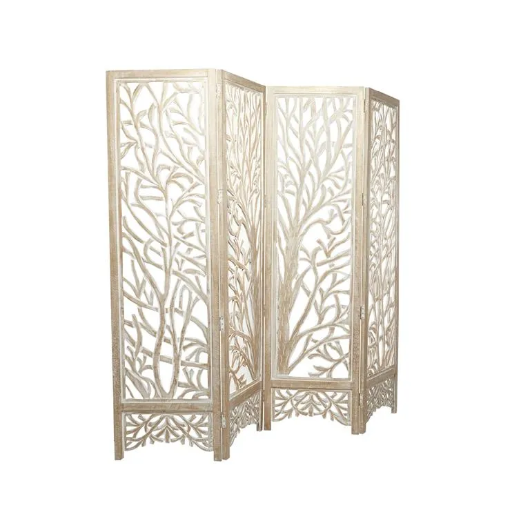 BROWN WOOD TREE HINGED FOLDABLE PARTITION 4 PANEL ROOM DIVIDER SCREEN WITH INTRICATELY CARVED DESIGNS