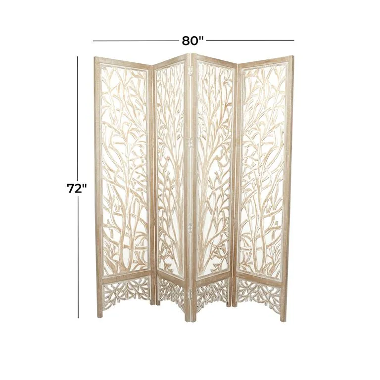 BROWN WOOD TREE HINGED FOLDABLE PARTITION 4 PANEL ROOM DIVIDER SCREEN WITH INTRICATELY CARVED DESIGNS