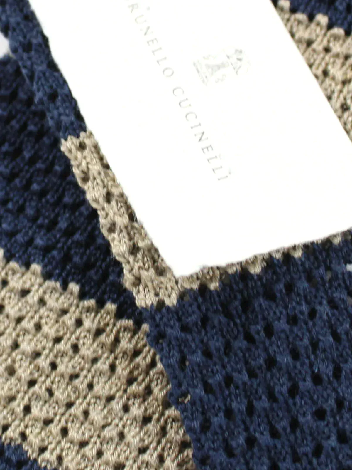 Brunello Cucinelli Square End Knitted Tie Navy Taupe Stripes Design - Silk Cotton FINAL SALE