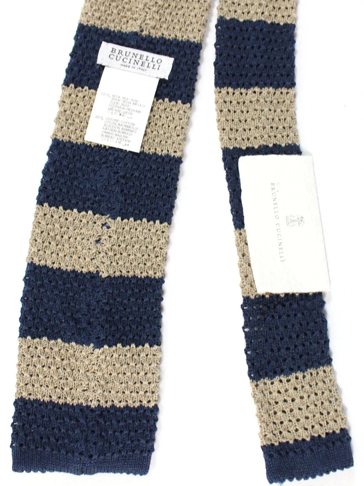 Brunello Cucinelli Square End Knitted Tie Navy Taupe Stripes Design - Silk Cotton FINAL SALE