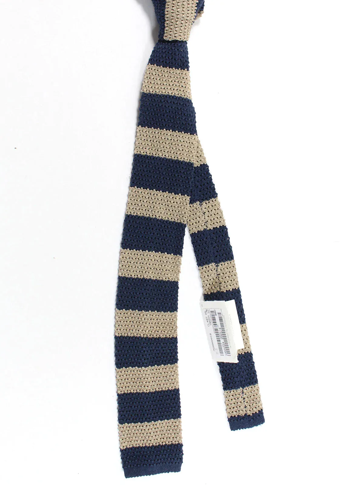 Brunello Cucinelli Square End Knitted Tie Navy Taupe Stripes Design - Silk Cotton FINAL SALE