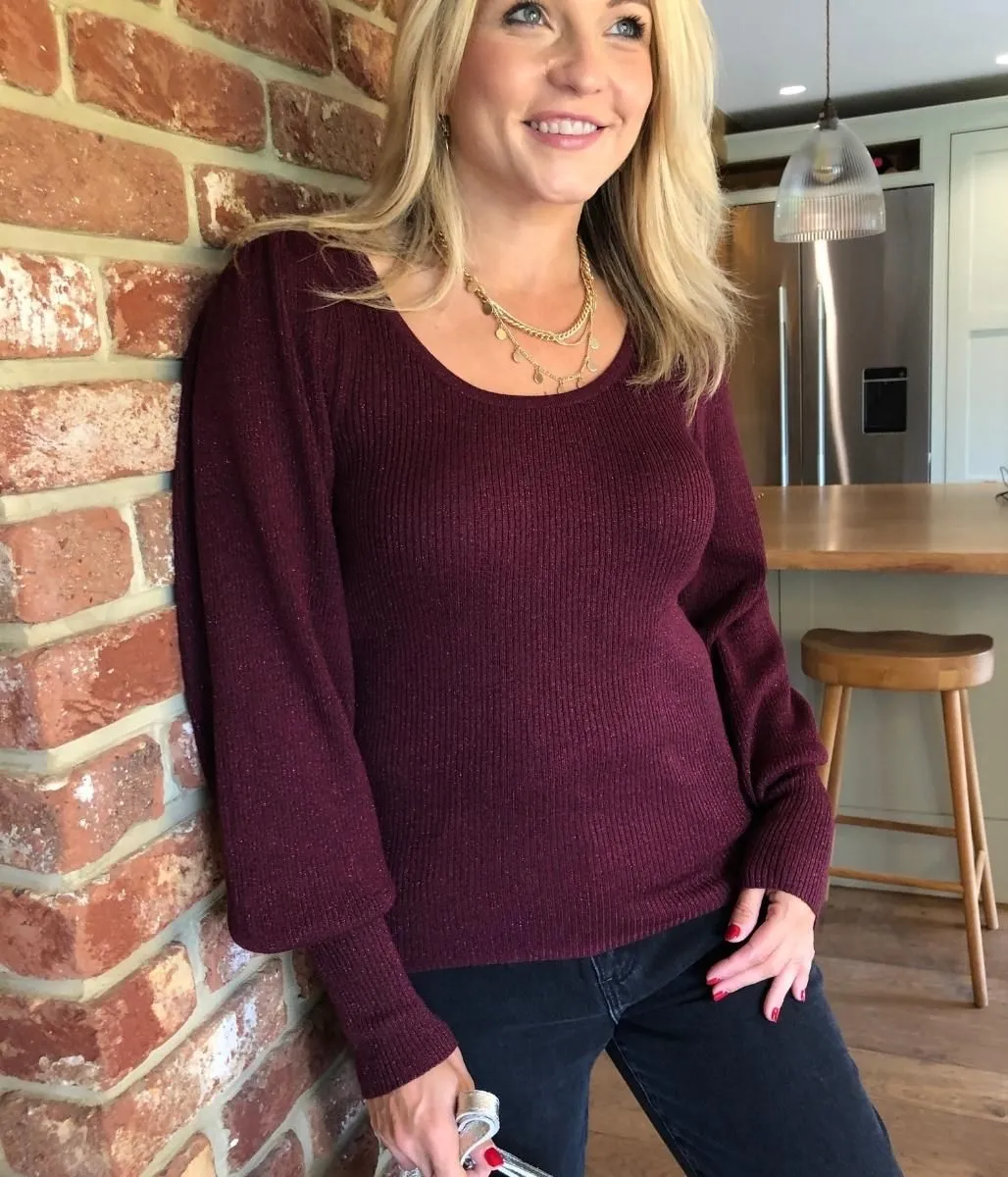 Burgundy Sparkle Metallic Scoop Neck Jumper