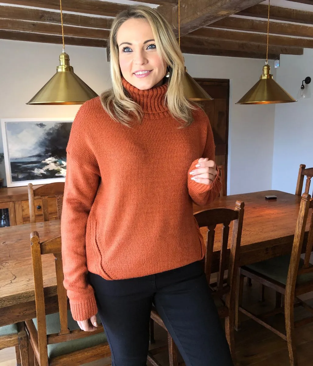 Burnt Orange Chunky Knit Roll Neck Jumper