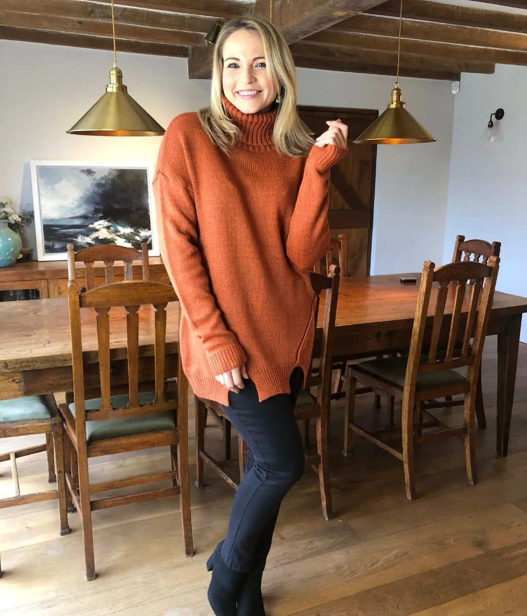 Burnt Orange Chunky Knit Roll Neck Jumper