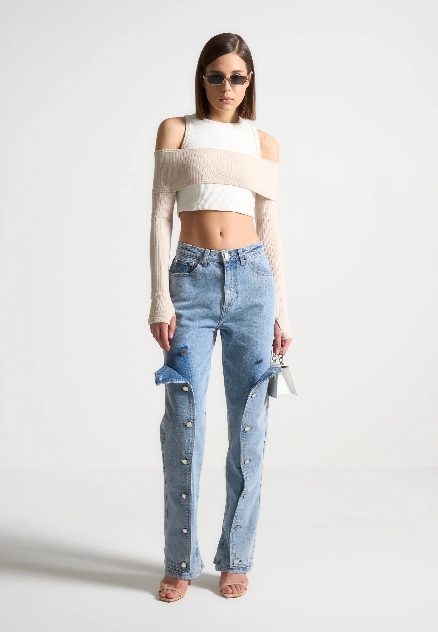 Button Down Overlay Mom Jeans - Mid Blue