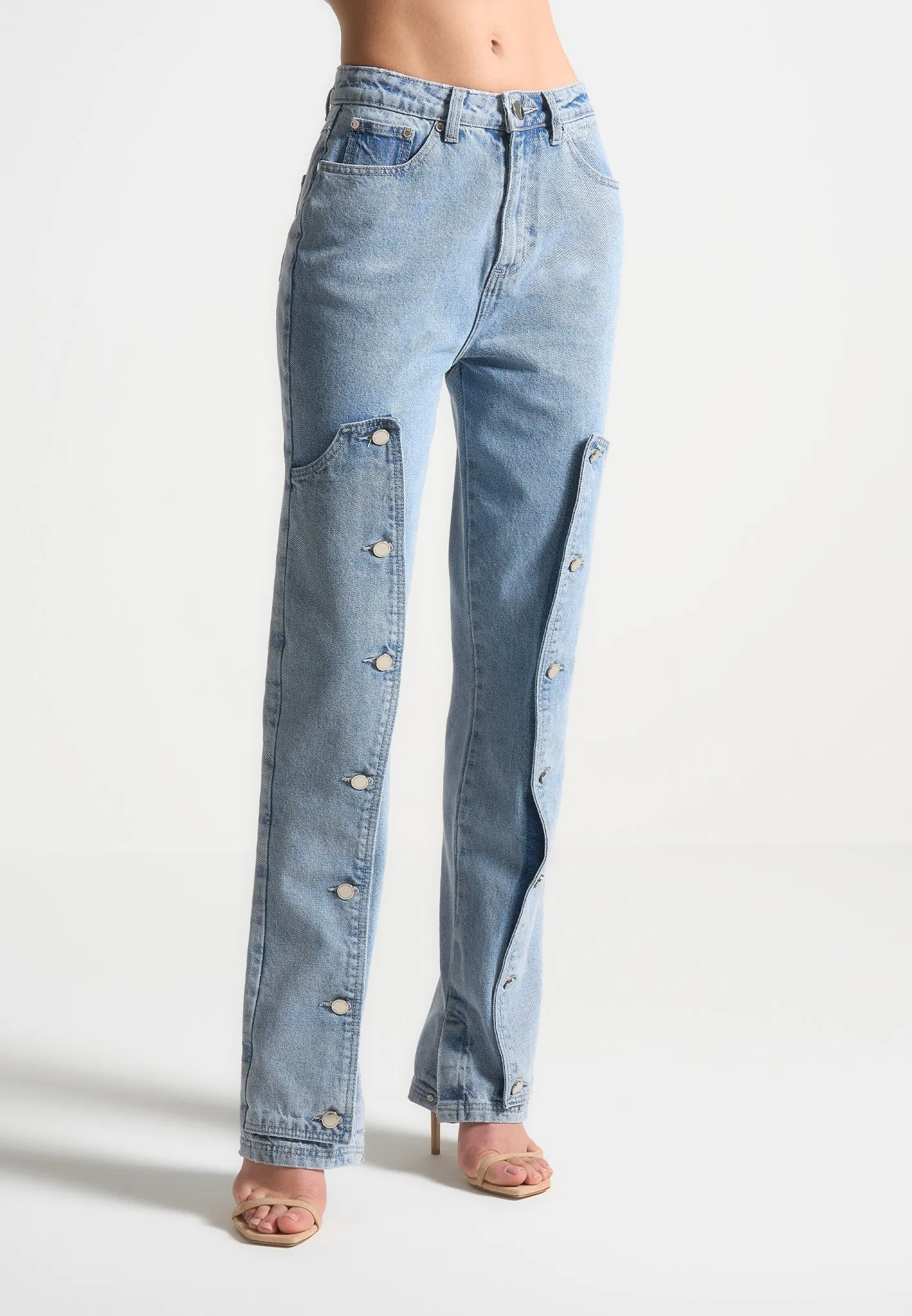 Button Down Overlay Mom Jeans - Mid Blue