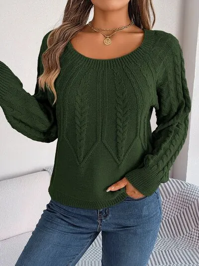 Cable-Knit Round Neck Long Sleeve Sweater