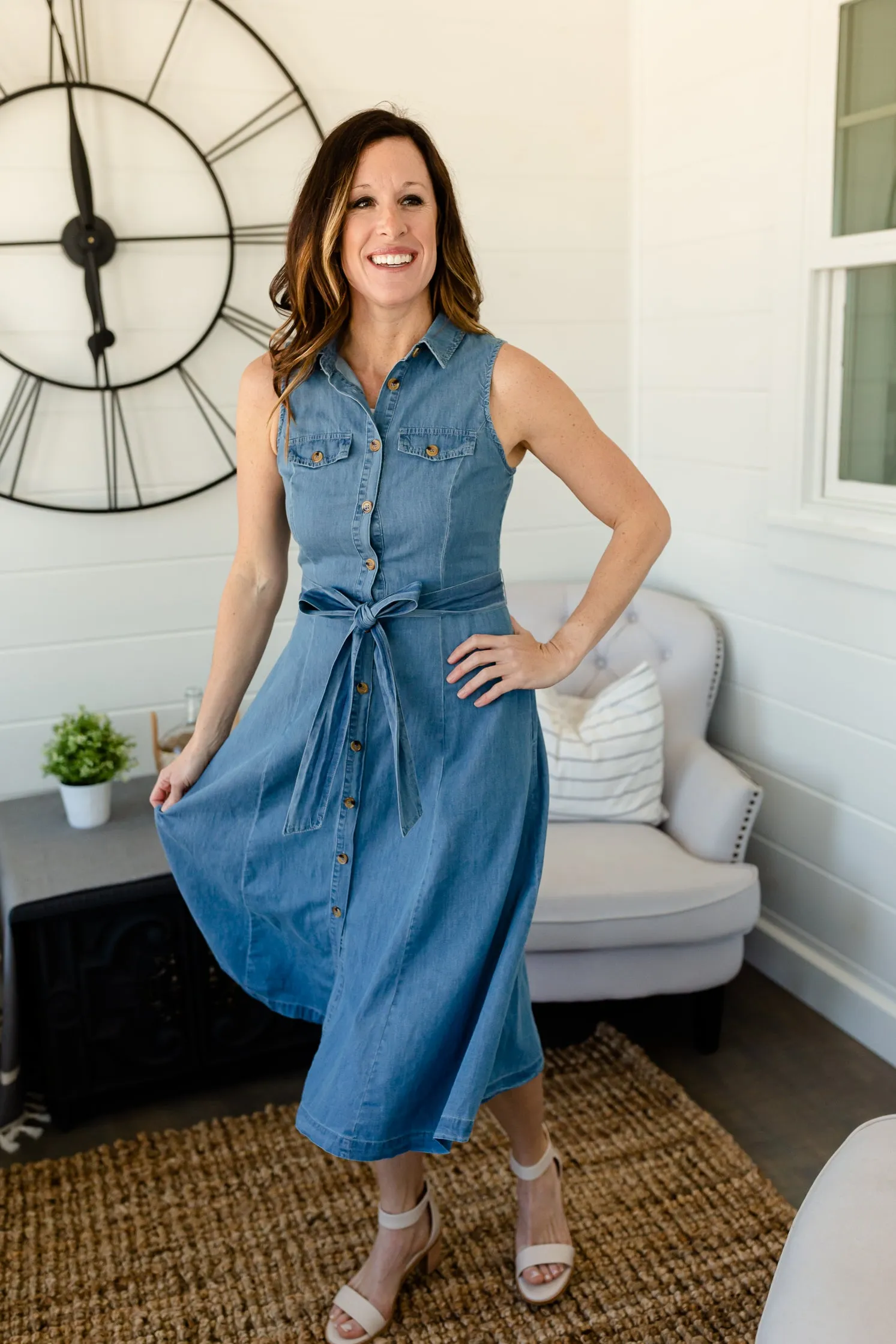 Chambray Button   Belted Midi Dress - FINAL SALE