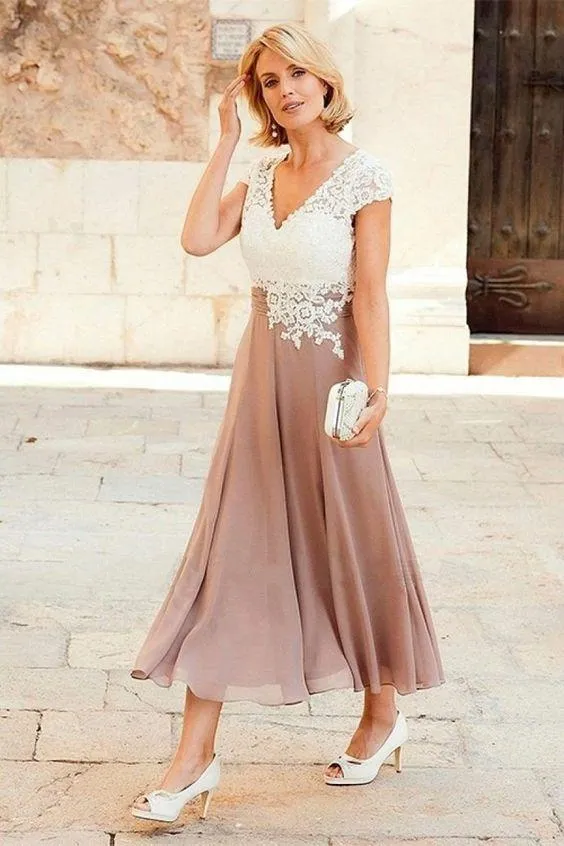 Chiffon Mother of the Bride Dress A-line/Princess V Neck Short Sleeve Tea-Length With Lace