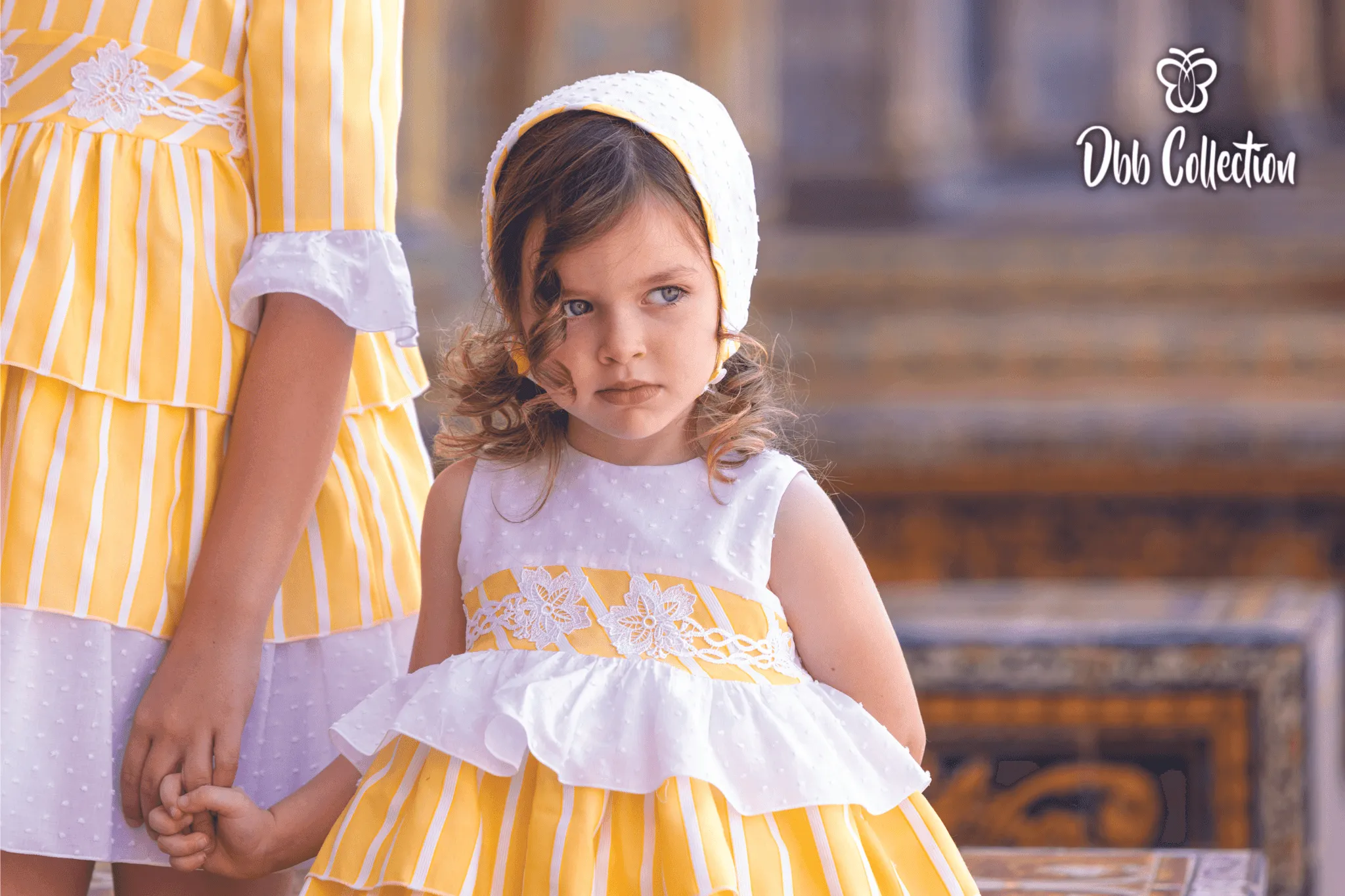 CLEARANCE SALE - DBB Collection Baby Girls Yellow & White Dress, Knickers & Bonnet Set 12m