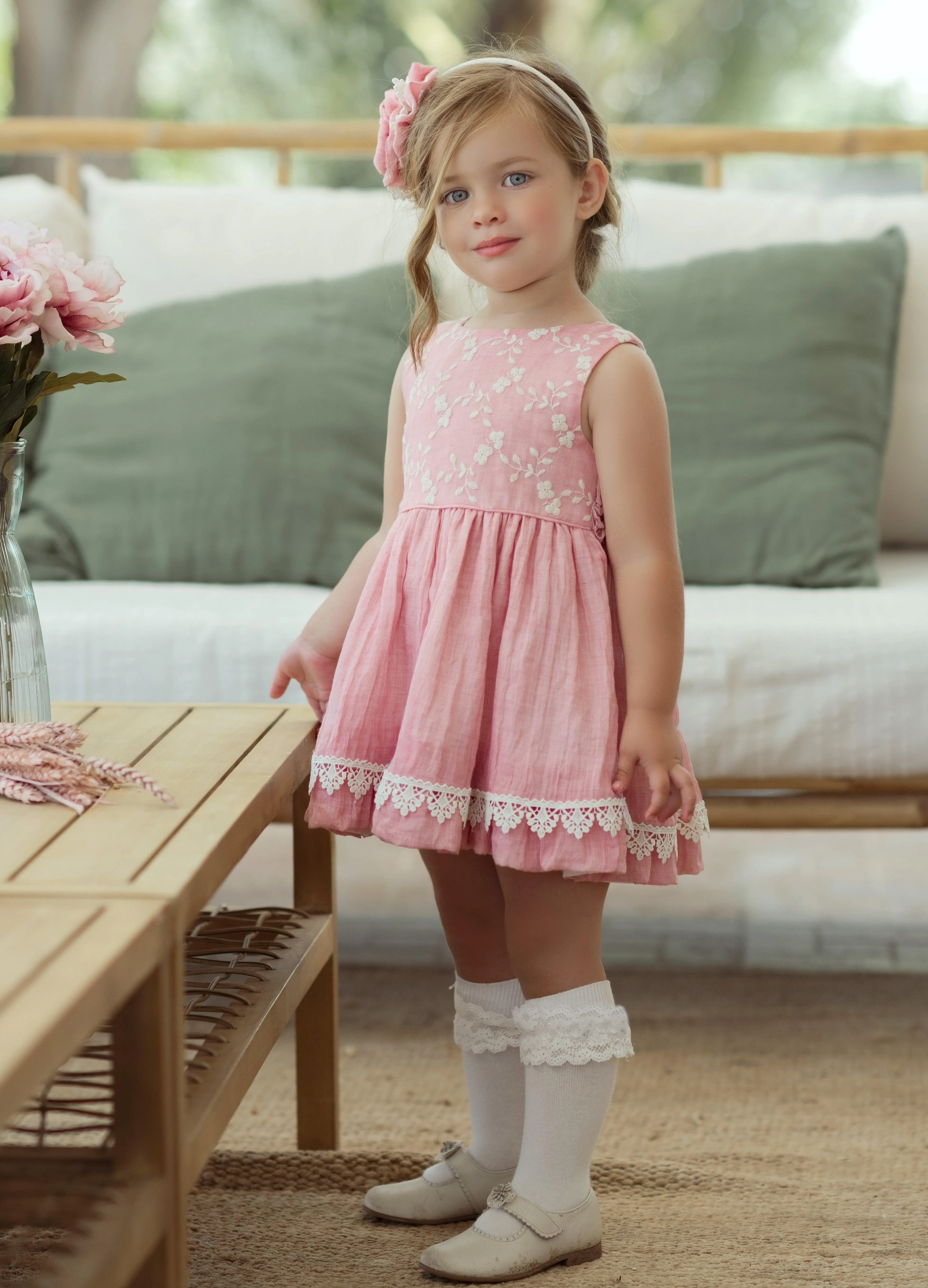 CLEARANCE SALE - Miranda SS24 - Baby Girls Rubi Pink and Cream Dress with Matching Knickers 147VB