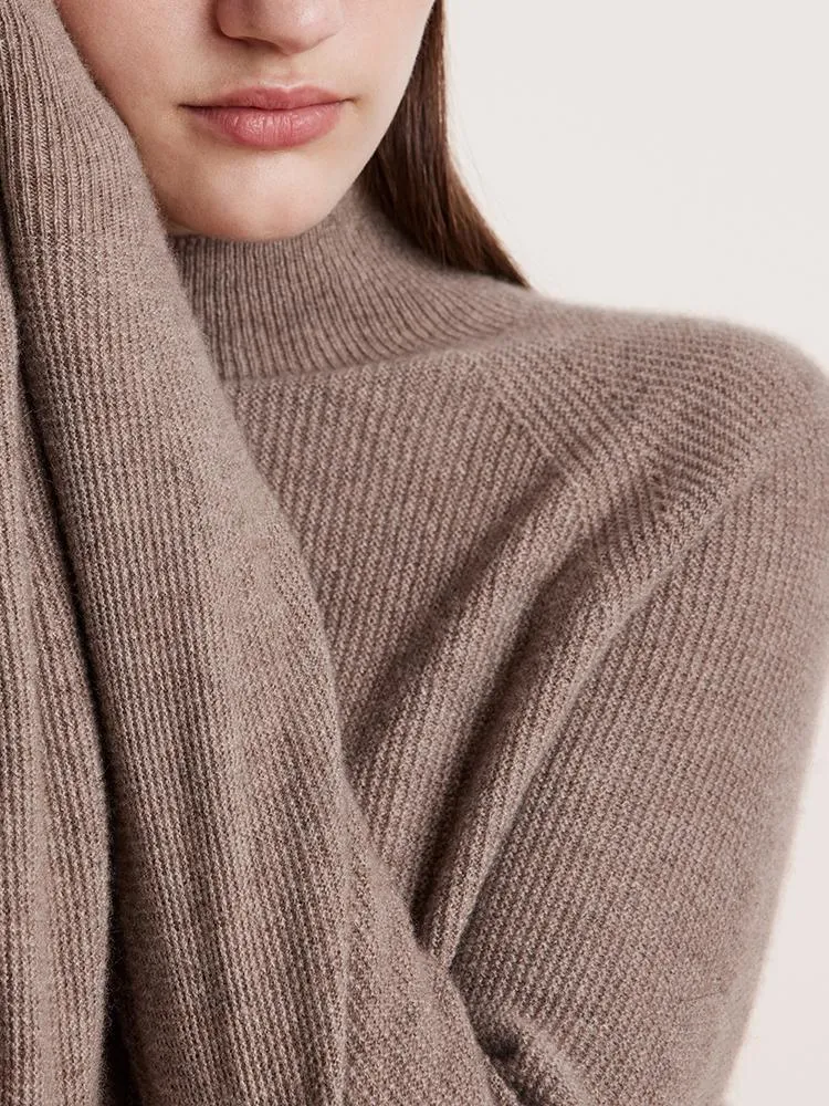 Coffee Seamless Mock Neck Cashmere Women Sweater