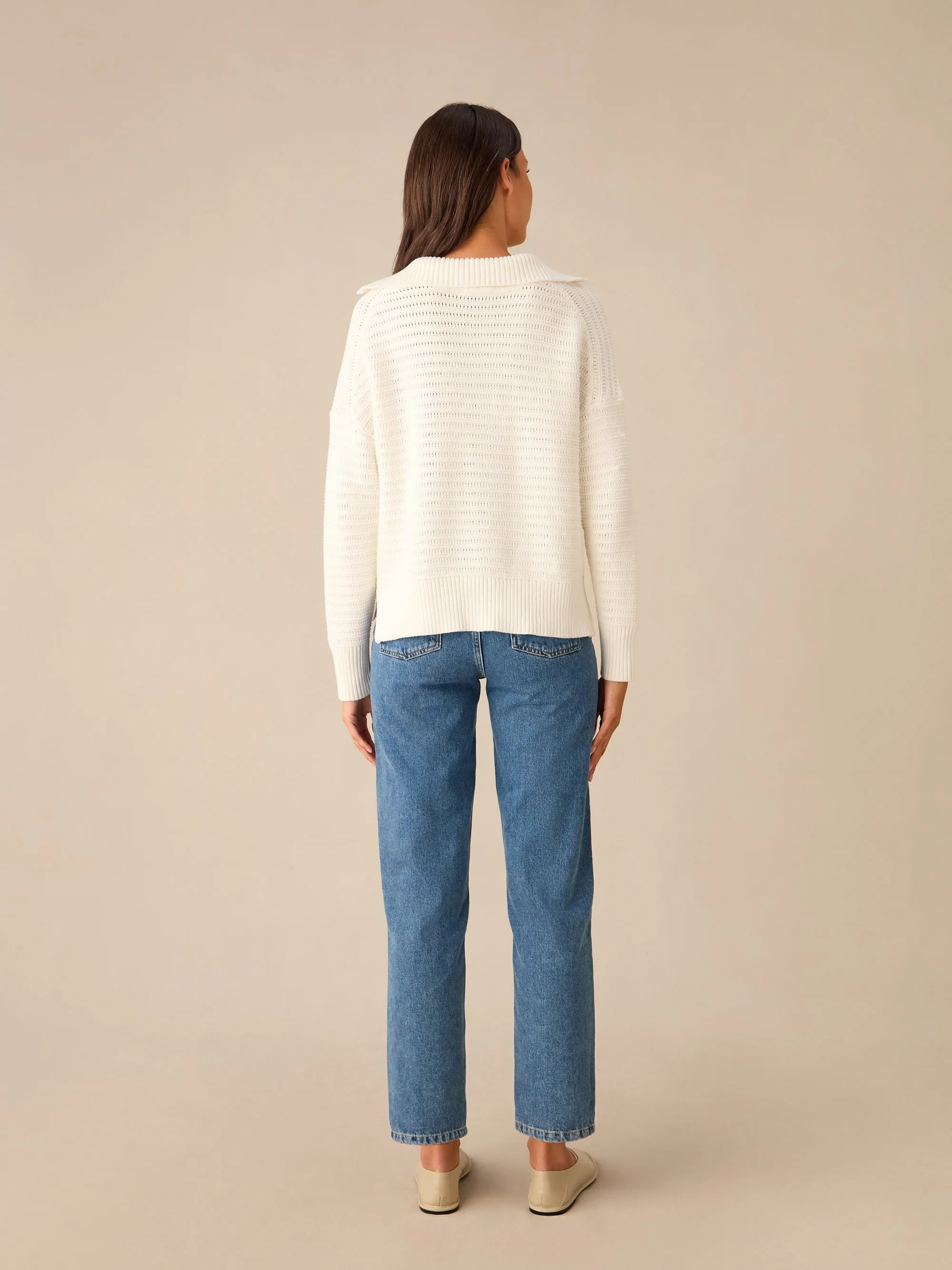 Cream Knitted Collared V-Neck Jumper