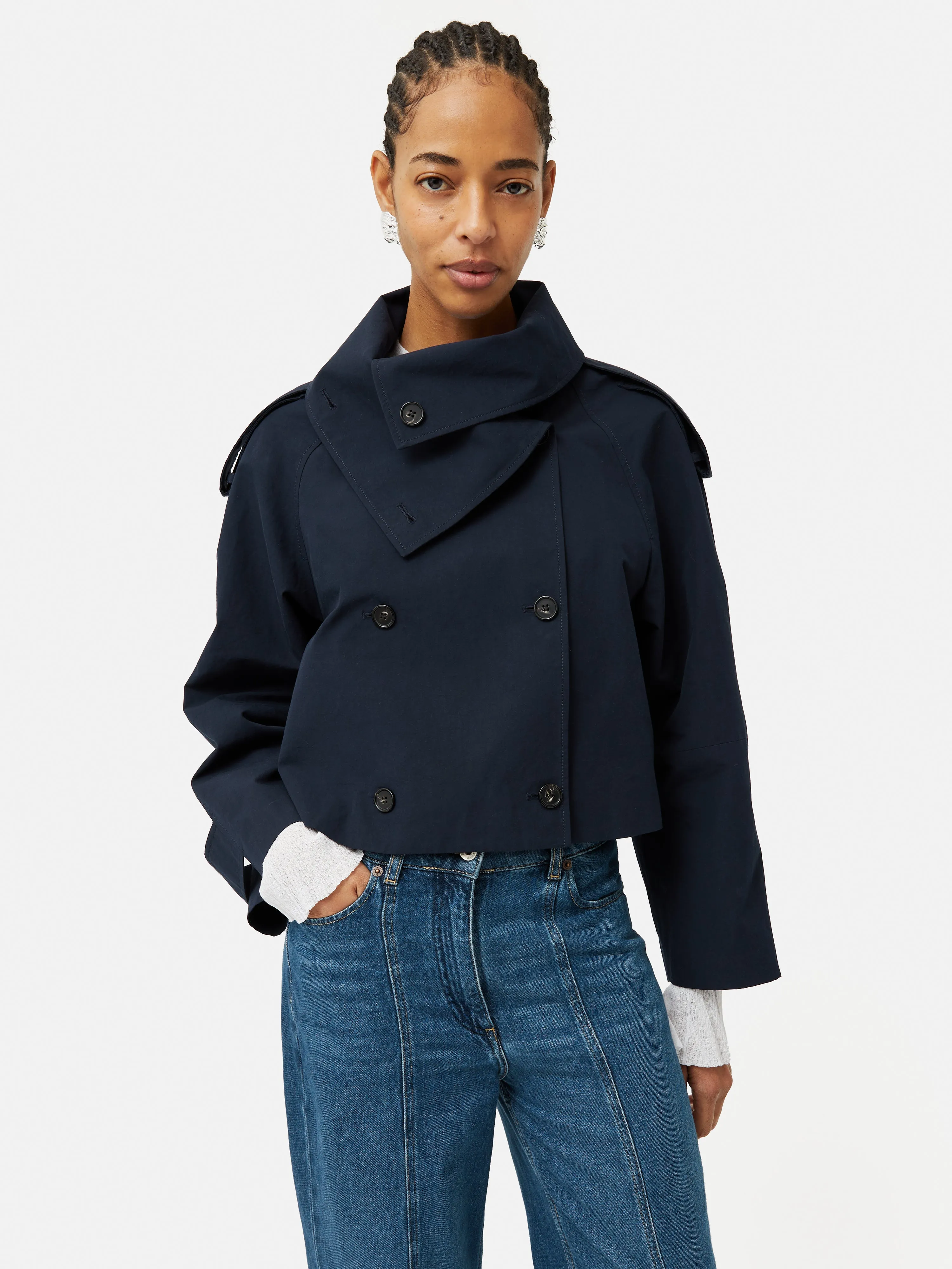 Cropped Cotton Trench Jacket | Navy