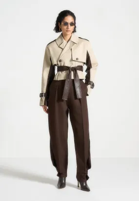 Cropped Trench Coat with Belt - Beige/Brown