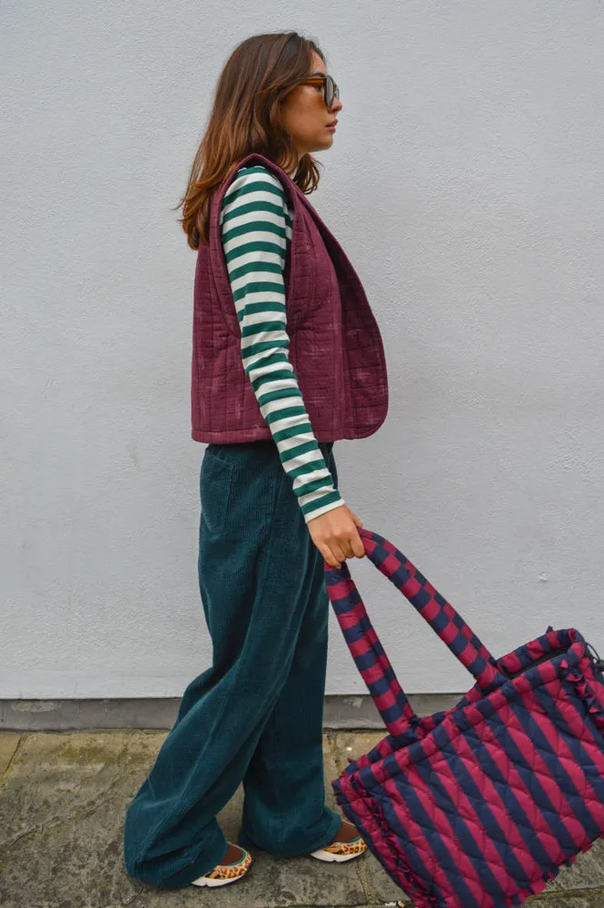 Damson Madder Frill Edge Ruched Navy / Burgundy Striped Tote Bag