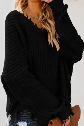 DISTRESSED DEEP V SWEATER