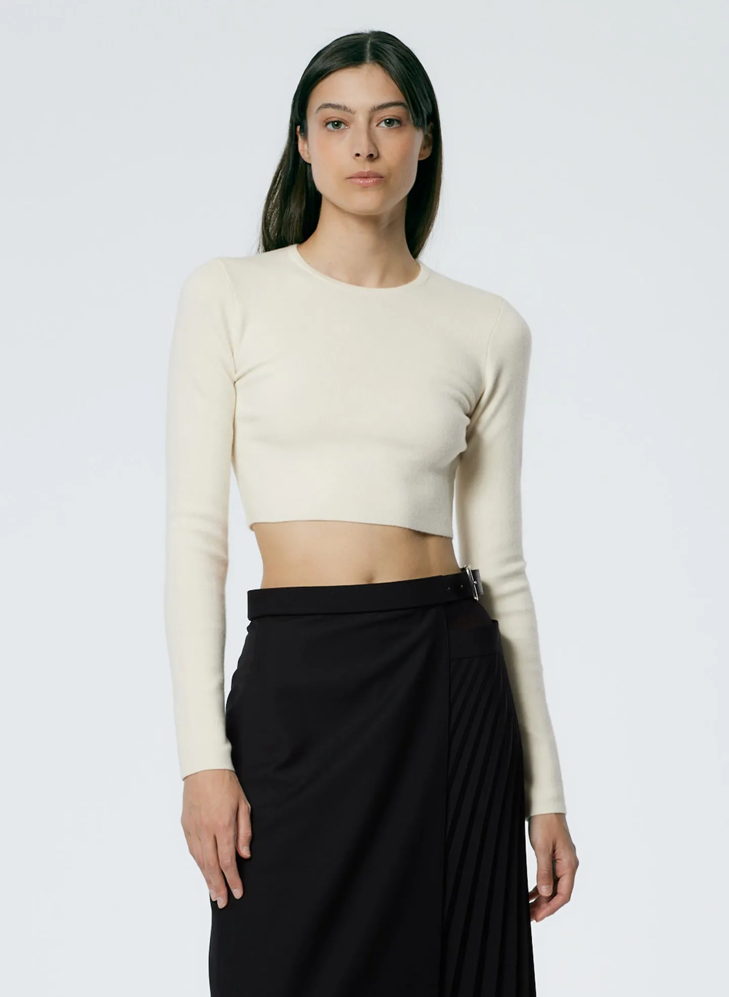 Double Faced Cashmere Mini Long Sleeve Cropped Pullover