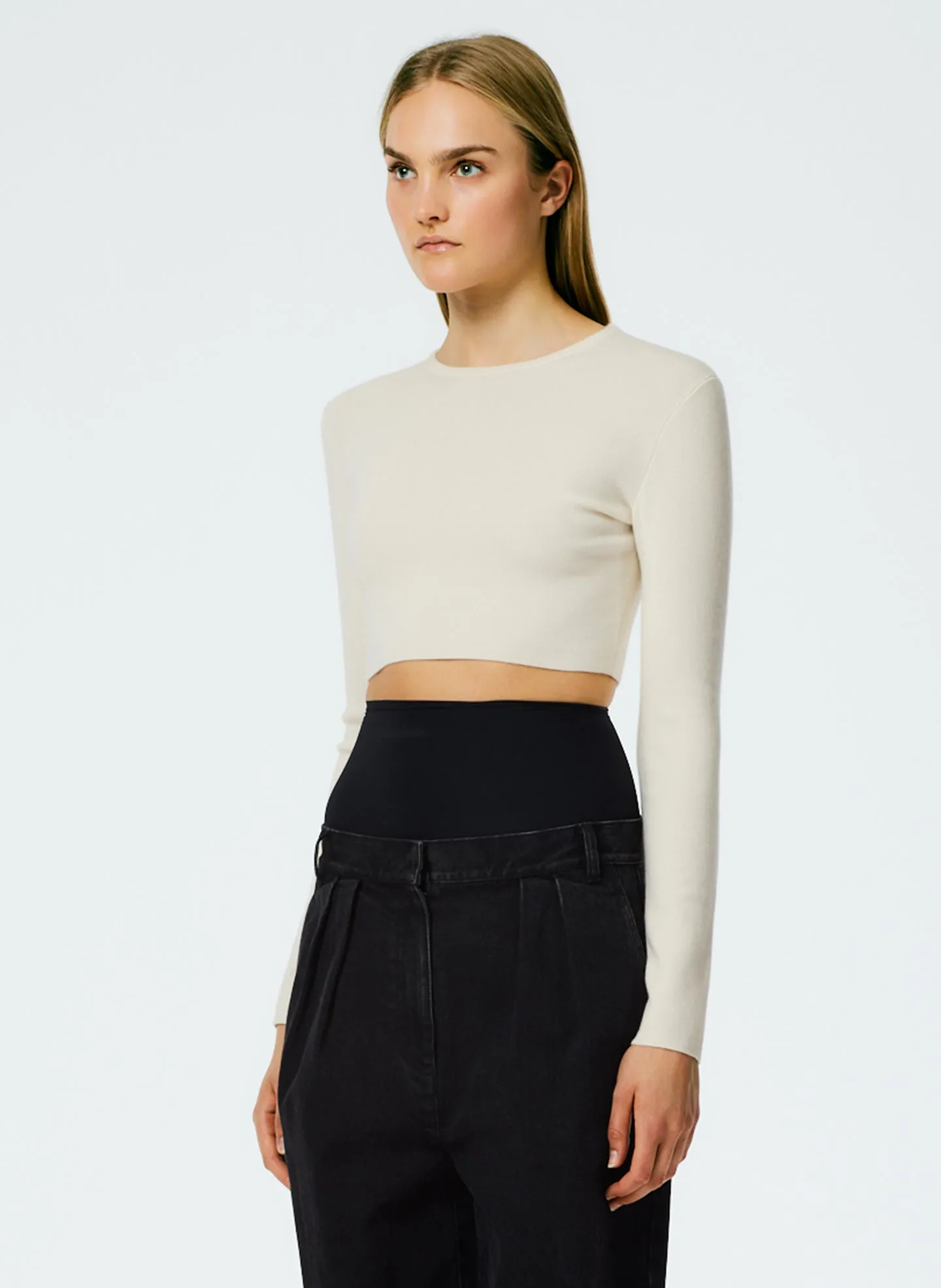 Double Faced Cashmere Mini Long Sleeve Cropped Pullover