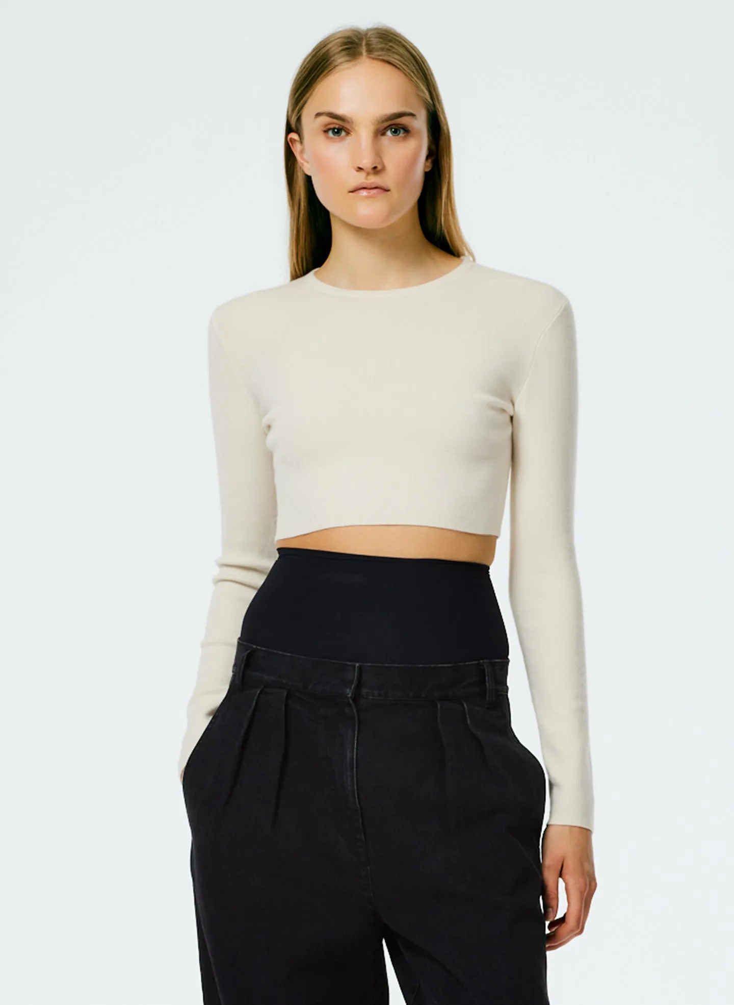 Double Faced Cashmere Mini Long Sleeve Cropped Pullover