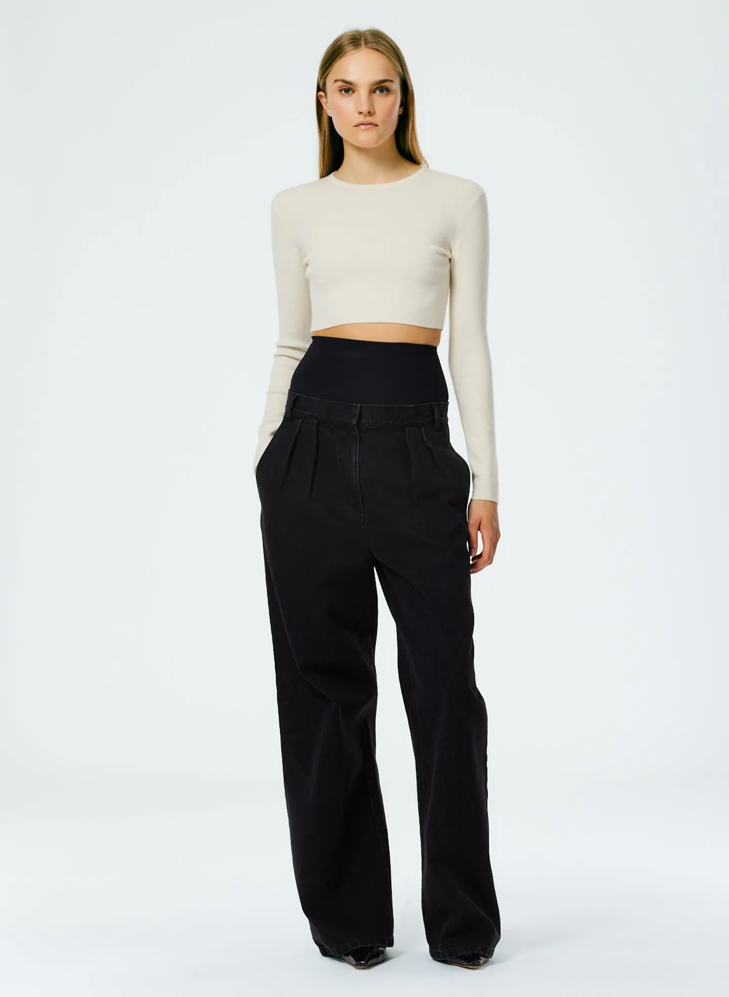 Double Faced Cashmere Mini Long Sleeve Cropped Pullover