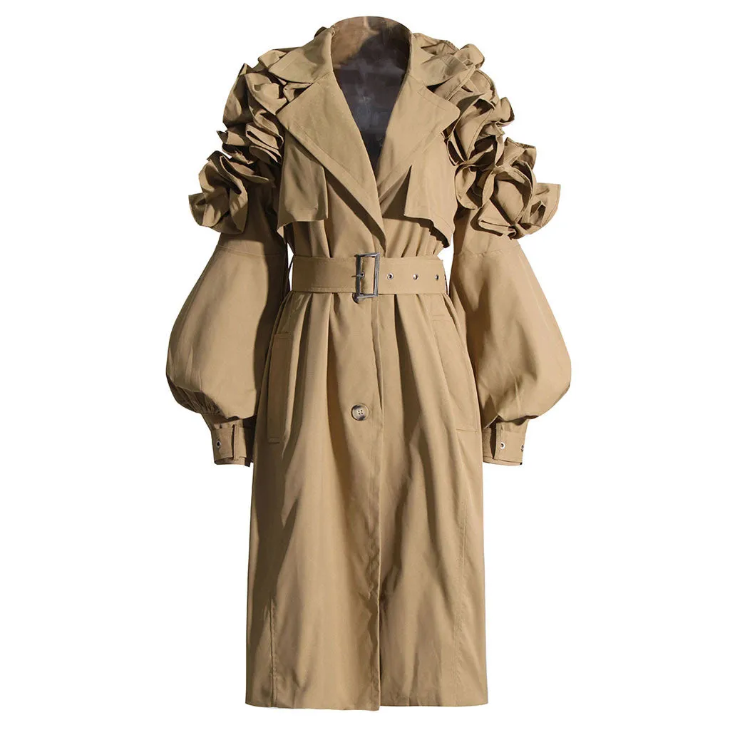 Dramatic Ruffle Shoulder Puff Sleeve Button Down Belted Trench Coat - Khaki