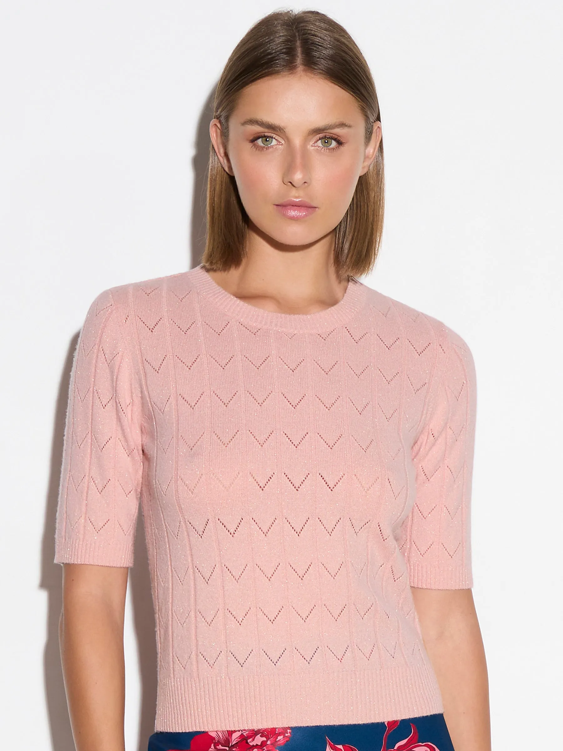 Eyelet S/S Metallic Sweater - Blush Pink (Size Large Only)