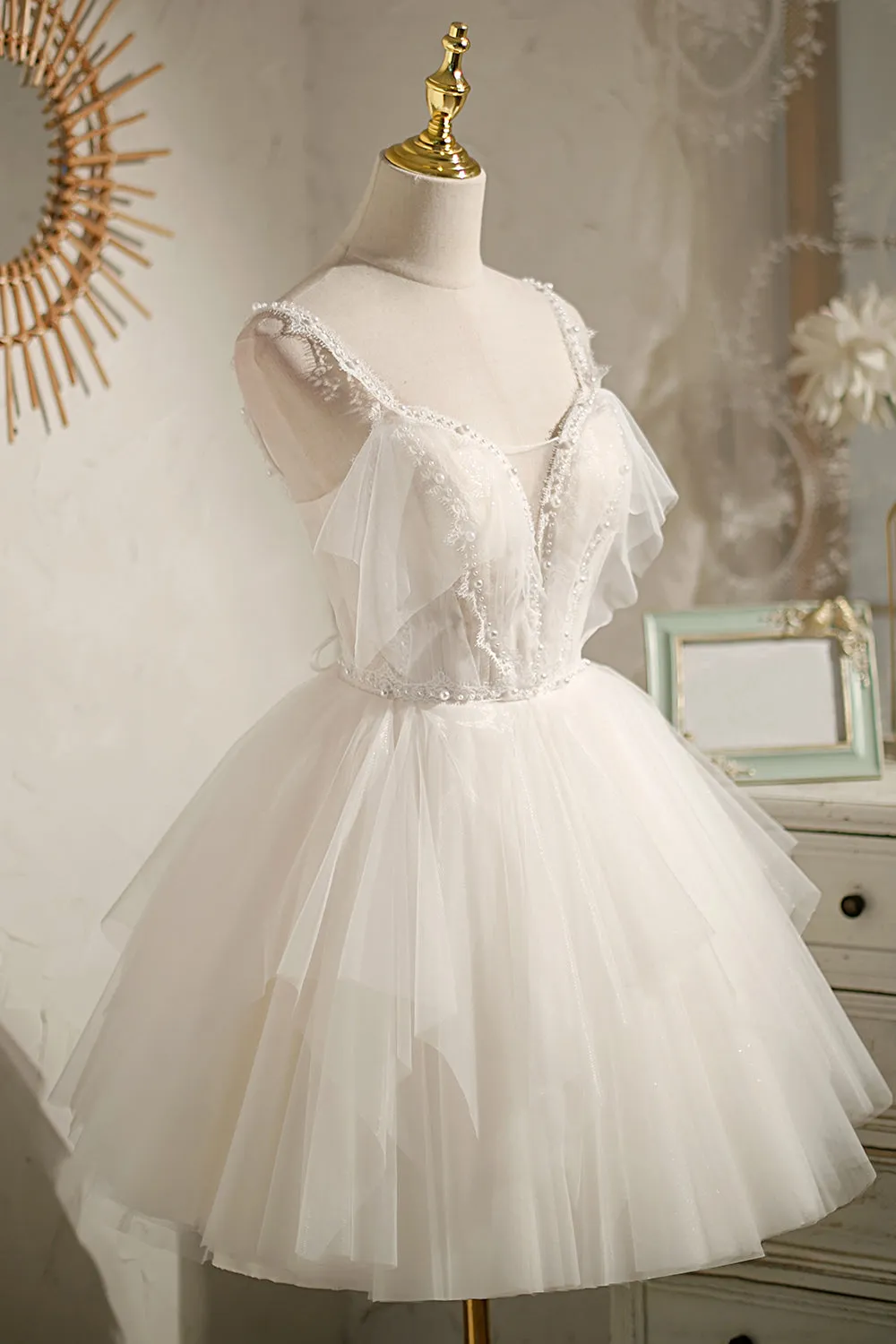 Fairy Dress with Pearls V-neck Tulle Homecoming Dress