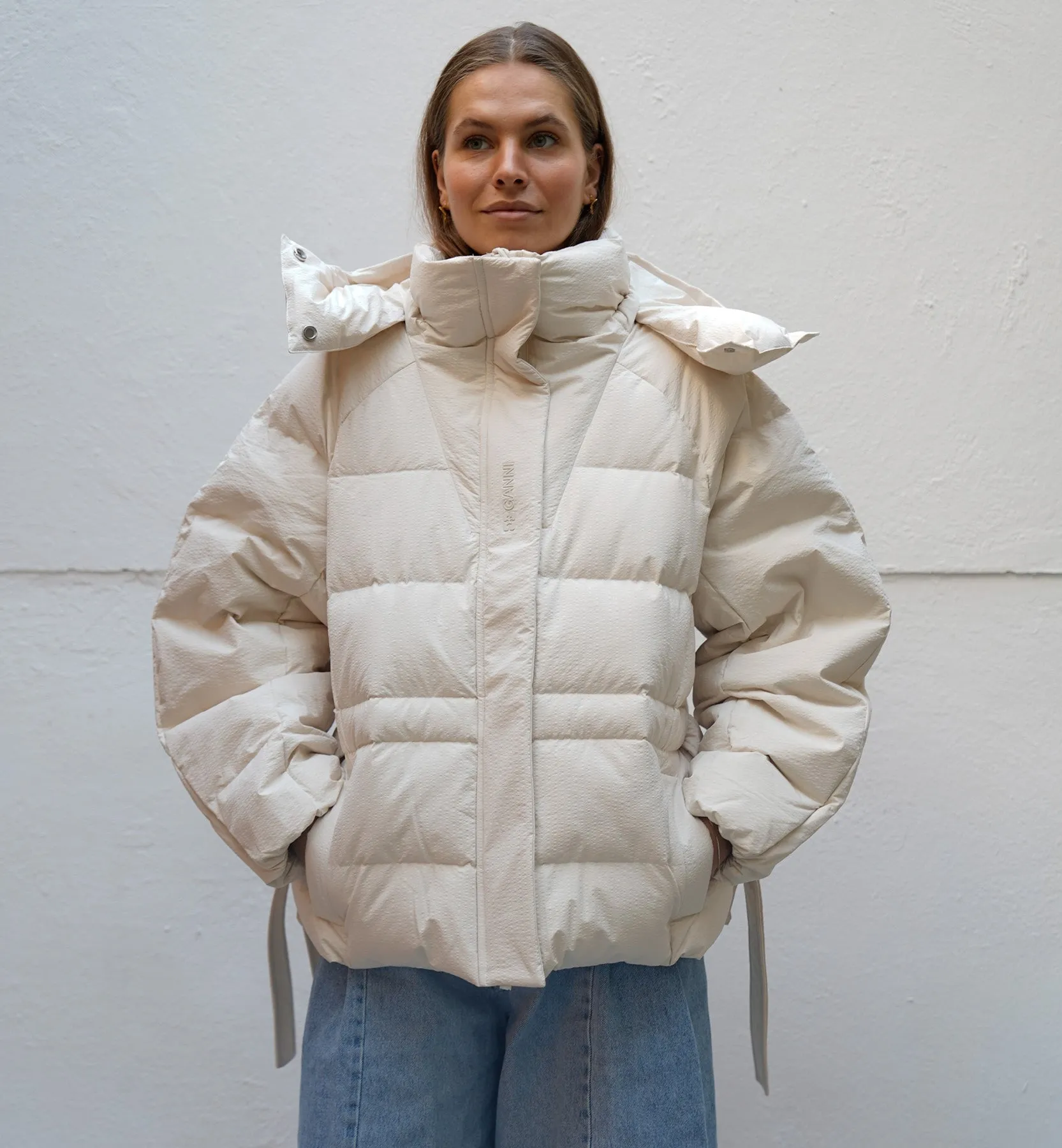 GANNI White Seersucker Puffer Jacket